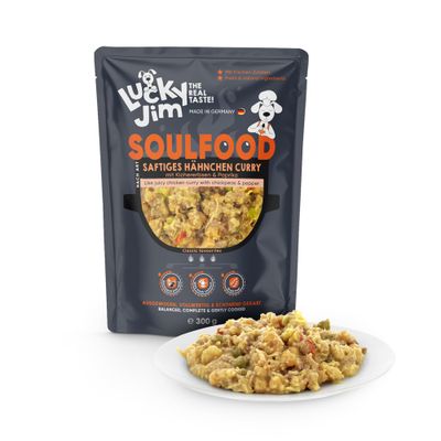 Lucky Jim Soulfood saftig kyllingecurry med kikærter og peberfrugt, 300 g. Med friske ingredienser, afbalanceret, fuldfoder og nænsomt tilberedt.