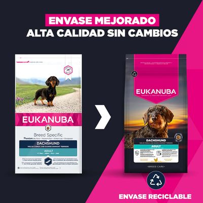 Eukanuba Dachshund Adult comida para perros: nuevo diseño de envase reciclable, misma alta calidad. Comparación entre el diseño antiguo y el nuevo, aviso sobre el envase mejorado.