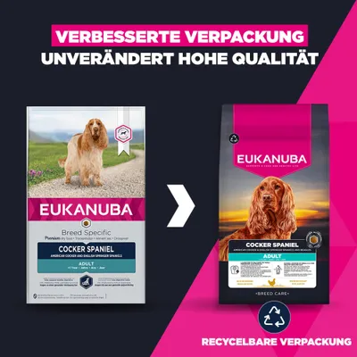 Eukanuba Cocker Spaniel Adult Trockenfutter: Bild zeigt alten und neuen Beutel. Text: Verbesserte, recycelbare Verpackung, unverändert hohe Qualität.