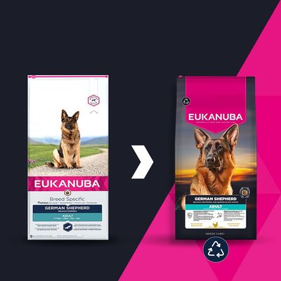 Eukanuba German Shepherd Adult Промяна на опаковката: вляво старата, вдясно новата опаковка с рециклиращ символ.