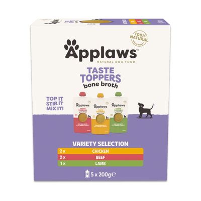 Applaws Taste Toppers bone broth, 100% natural ingredients. Variety Selection: 2x Chicken, 2x Beef, 1x Lamb, 5x 200g. Top it, stir it, mix it.