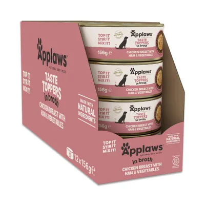 Applaws Taste Toppers Natural in bouillon 12 x 156 g - Kip met ham Applaws Taste Toppers Natural in bouillon 12 x 156 g - Kip met ham