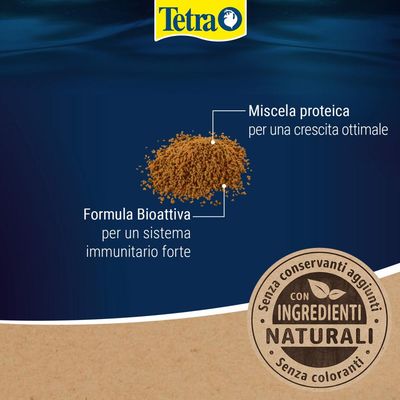 Tetra. Miscela proteica per una crescita ottimale, formula bioattiva per un sistema immunitario forte, con componenti naturali, senza additivi né coloranti.
