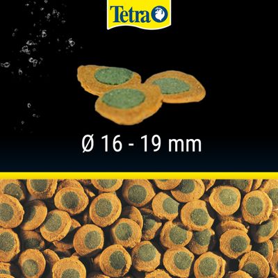 Tetra Futtertabletten mit grünem Kern, Durchmesser 16-19 mm, Nahaufnahme der Tabletten.