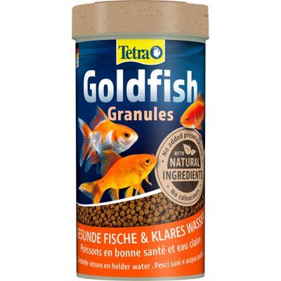 Tetra Goldfish Granules with new packaging design and improved formula, contains natural ingredients, no preservatives or colourings.