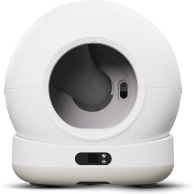 Lettiera automatica per gatti rotonda e bianca, con pannello di controllo digitale e ampia apertura frontale.