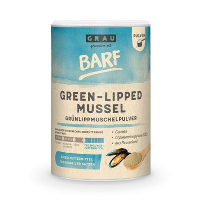 GRAU BARF Grönläppad musselpulver, kompletteringsfoder för hundar och katter. Innehåller glykosaminoglykaner från Nya Zeeland. Pulverform, enkel ingrediens.