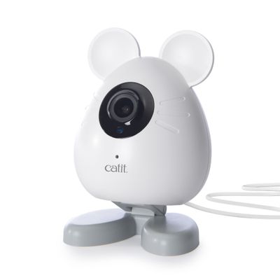 Witte camera in de vorm van een muis met twee oren, een grijze standaard en een zichtbaar objectief. Opdruk: catit.