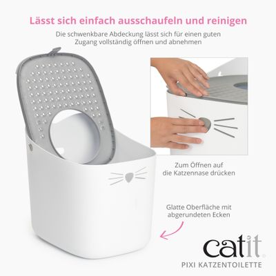catit PIXI Katzentoilette mit schwenkbarer Abdeckung, leicht zu reinigen. Zum Öffnen auf die Katzennase drücken. Glatte Oberfläche mit abgerundeten Ecken.