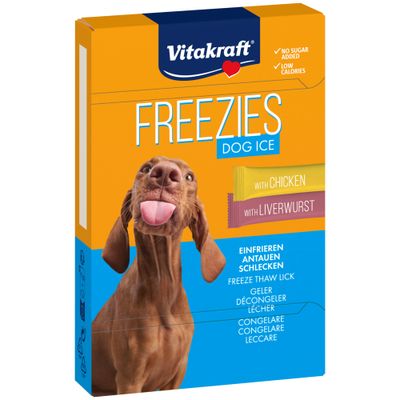 Vitakraft Freezies Dog Ice z kurczakiem i pasztetem wątrobianym. Bez dodatku cukru, niskokaloryczny. Zamrozić, rozmrozić, polizać.