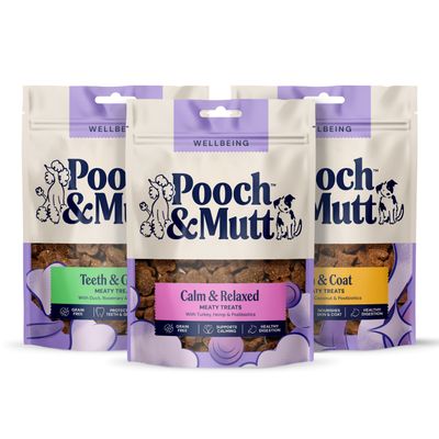 Three Pouch & Mutt Wellbeing Snacks: Teeth & Gums, Calm & Relaxed, Skin & Coat. Visible features: grain-free, supports teeth, calming, healthy digestion, skin and coat.