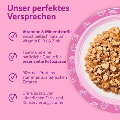 Unser perfektes Versprechen: Vitamine & Mineralstoffe inkl. Kalzium, Vitamin E, B1 & Zink, Taurin, essentielle Fettsäuren, 90% tierisches Protein, ohne künstliche Zusätze.