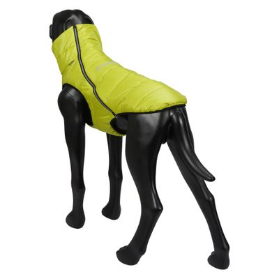 Černá modelová figurína psa má na sobě žlutou bundu se zipem na zádech. Na bundě je viditelný nápis 'ICEPAW'.
