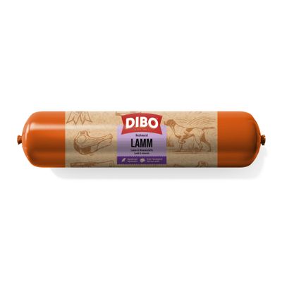 DIBO Kochwurst Lamm, Lamm & Mineralstoffe, hoher Fleischgehalt, hypoallergen. Wurst in Kunststoffhülle mit braun-violettem Etikett.