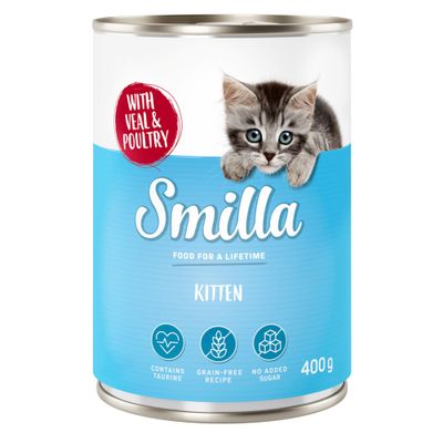 Smilla Kitten Nassfutter mit Kalb und Geflügel, enthält Taurin, getreidefreie Rezeptur, ohne Zuckerzusatz, 400g Dose.