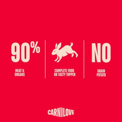 Carnilove: 90% vlees en organen, volledig voer of topping, geen granen, geen aardappel.