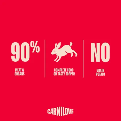 Carnilove: 90% vlees en organen, volledig voer of topping, geen granen, geen aardappel.