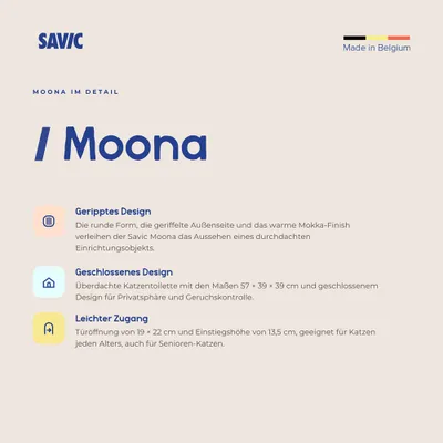 Savic Moona: Geripptes Design, geschlossene Katzentoilette 57×39×39 cm für Privatsphäre und Geruchskontrolle, leichter Zugang mit Türöffnung 19×22 cm, Made in Belgium. Savic Moona: Geripptes Design, geschlossene Katzentoilette 57×39×39 cm für Privatsphäre und Geruchskontrolle, leichter Zugang mit Türöffnung 19×22 cm, Made in Belgium.