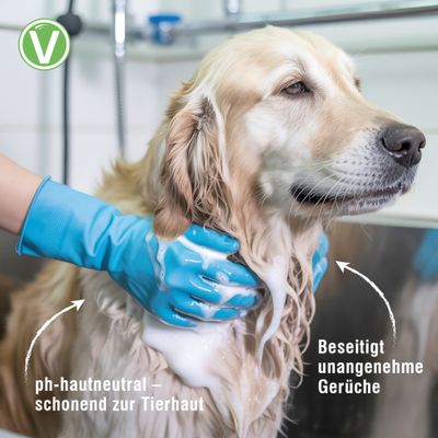 Hund wird mit Shampoo gewaschen, Text: ph-hautneutral – schonend zur Tierhaut, Beseitigt unangenehme Gerüche, veganes Symbol oben links.