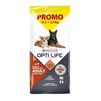 Versele-Laga Opti Life Maxi Medium Adult Digestion Lamb Rice hondenvoer, oude en nieuwe verpakking met zichtbare productnaam en voedingsinformatie op beide zakken.