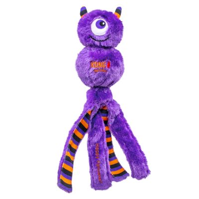 KONG Wubba Halloween Giocattolo, peluche viola con ricamo 'Happy Halloween', design mostro con un solo occhio, confezione del prodotto mostra il logo KONG e indica la funzione squeaker.