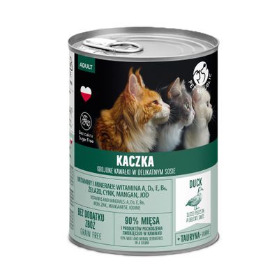 KACSA, szeletelt darabok ízletes szószban. 90% hús, cukor nélkül, gabona nélkül. A-, D3-, E-, B6-vitamin, vas, cink, mangán, jód. Felnőtt macskáknak.