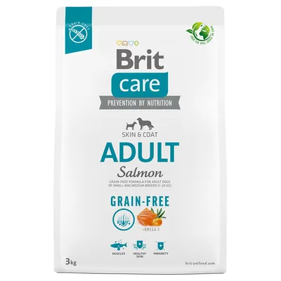 Brit Care Adult Skin & Coat losos, bezobilná receptura pro malé a střední psy (1–25 kg), Omega-3, podporuje svaly, zdravou kůži a imunitu. Velikost balení: 3 kg.