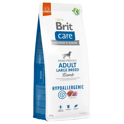 Brit Care Adult Large Breed Lamb, hypoallergeen hondenvoer met monoproteïne voor grote rassen boven 25 kg. Bevat probiotica, ondersteunt gewrichten, immuniteit en spieren. 12 kg verpakking.