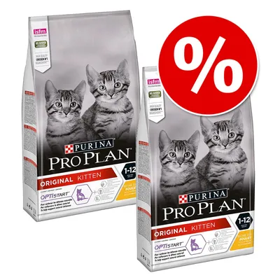 Dwie torby karmy Purina Pro Plan Original Kitten 1–12 miesięcy, widoczne koty na opakowaniu, duży czerwony symbol procentu oznaczający promocję.