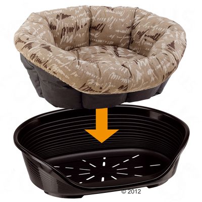 Ronde dierenmand met bruin kussen, bedrukt met stadsnamen: New York, London, Paris, Tokyo, Hong-Kong, Sydney. Kunststof mand met stoffen kussen.