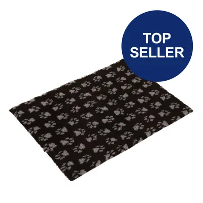 Schwarze Matte mit grauen Pfotenmustern, hervorgehoben durch blauen Kreis mit Text 'Top Seller'.