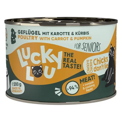 Lucky Lou poultry with carrot & pumpkin, for seniors, 200g, Made in Germany, over 94% meat content including offal and cooking liquid. Lucky Lou poultry with carrot & pumpkin, for seniors, 200g, Made in Germany, over 94% meat content including offal and cooking liquid.