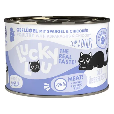 Lucky Lou pasăre cu sparanghel și cicoare, pentru pisici adulte sterilizate. >96% carne, fabricat în Germania, conservă 200g.