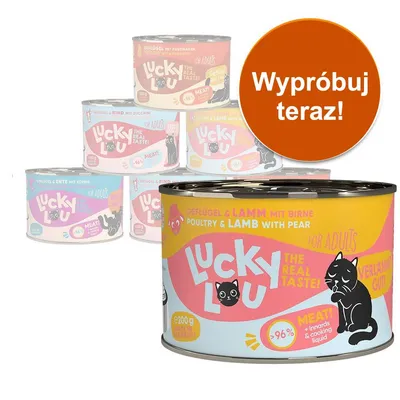 Zestaw puszek Lucky Lou dla dorosłych kotów, różne smaki. Widoczny napis: 'Wypróbuj teraz!', 'Geflügel & Lamm mit Birne', 'The real taste!', '>96% meat!'.