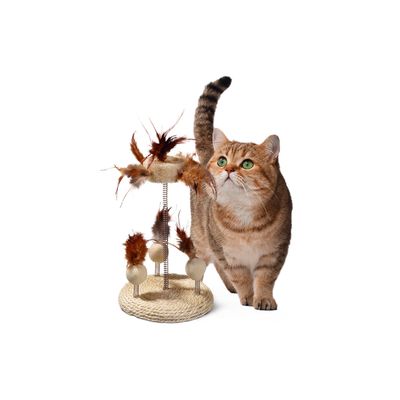 Giocattolo in sisal con piume e palline su molle metalliche, adatto per il gioco interattivo.