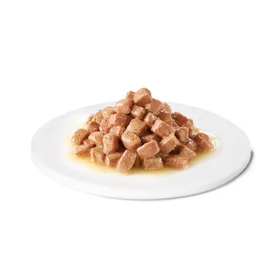Nahaufnahme von feuchten Fleischstückchen in Sauce, serviert auf einem weissen Teller. Nahaufnahme von feuchten Fleischstückchen in Sauce, serviert auf einem weissen Teller.