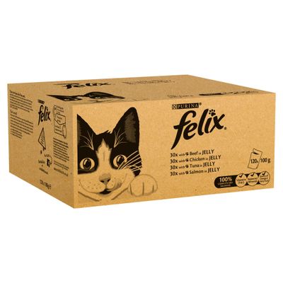 Purina Felix doos met 30x rund in jelly, 30x kip in jelly, 30x tonijn in jelly, 30x zalm in jelly. 120 x 100 g. 100% compleet en uitgebalanceerd. Vitaminen D&E, Omega 6.