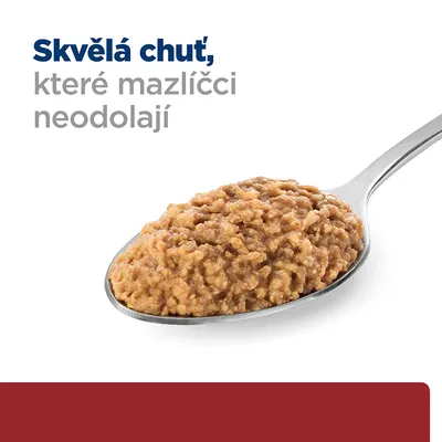 Lžíce s porcí masové směsi, text: Skvělá chuť, které mazlíčci neodolají.