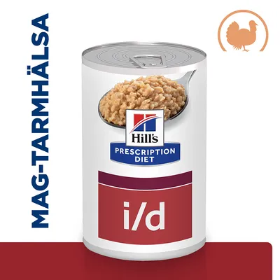 Hill's Prescription Diet i/d våtfoderburk med synlig mat, texten MAG-TARMHÄLSA och kalkonsymbol. Synliga varumärkes- och produktnamn.