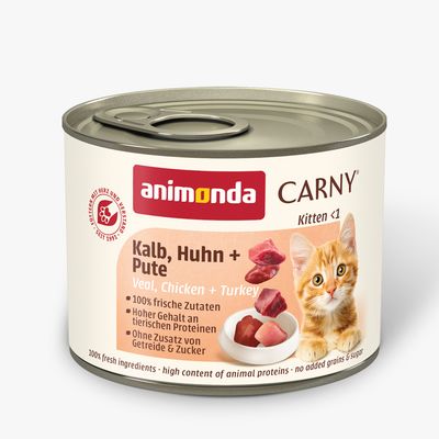 Animonda Carny Kitten govedina in puran, 12x 200g. 100 % sveže sestavine, brez žit in sladkorja, s tavrinom.