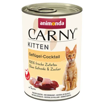 Animonda Carny Kitten fjerkræ-cocktail, 100% friske ingredienser, uden korn og sukker, med taurin. Dåse med billede af en killing og kødstykker.