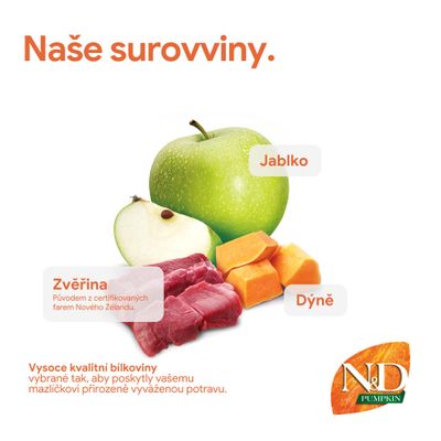 Zobrazenie zložiek s jablkom, tekvicou a divinou. Text: Kvalitné bielkoviny, vybrané pre vyváženú stravu. Značka: N&D Pumpkin.