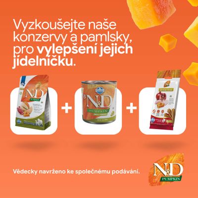 N&D Pumpkin produkty: granule, mokré krmivo a dentálne maškrty. Vedecky vyvinuté pre spoločné kŕmenie.