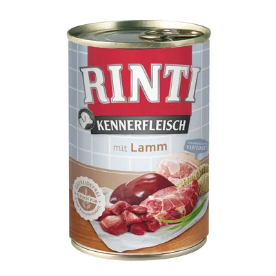 RINTI Kennerfleisch mit Lamm, scritta Getreidefrei Fleisch pur Ohne Kohlenhydrate sulla confezione. Immagine di carne e frattaglie su sfondo chiaro.