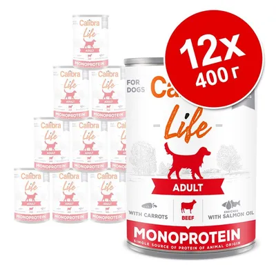 Calibra Life Adult Monoprotein говеждо с моркови и сьомгово масло, комплект 12×400 г консерви за кучета. Видими надписи: MONOPROTEIN, WITH CARROTS, BEEF, ENRICHED WITH SALMON OIL.