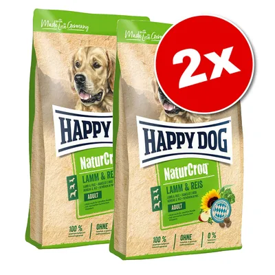 Lot de 2 sacs Happy Dog NaturCroq Lamm & Reis Adult, agneau et riz, texte visible : 100 %, OHNE, Made with Love Germany, illustration de chien sur l’emballage. Lot de 2 sacs Happy Dog NaturCroq Lamm & Reis Adult, agneau et riz, texte visible : 100 %, OHNE, Made with Love Germany, illustration de chien sur l’emballage.