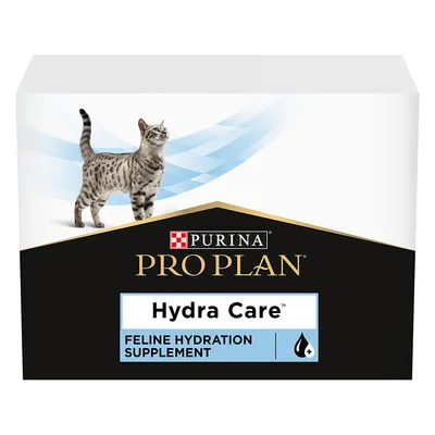 Упаковка Purina Pro Plan Hydra Care, Feline Hydration Supplement. Изображение кошки и текст на английском языке. Упаковка Purina Pro Plan Hydra Care, Feline Hydration Supplement. Изображение кошки и текст на английском языке.