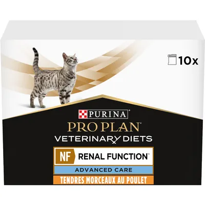 Boîte Purina Pro Plan Veterinary Diets NF Renal Function Advanced Care tendres morceaux au poulet, 10 sachets visibles sur l’emballage. Boîte Purina Pro Plan Veterinary Diets NF Renal Function Advanced Care tendres morceaux au poulet, 10 sachets visibles sur l’emballage.