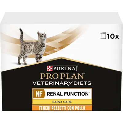 Purina Pro Plan Veterinary Diets NF Renal Function Early Care teneri pezzetti con pollo, confezione da 10x bustine, immagine di un gatto sul fronte