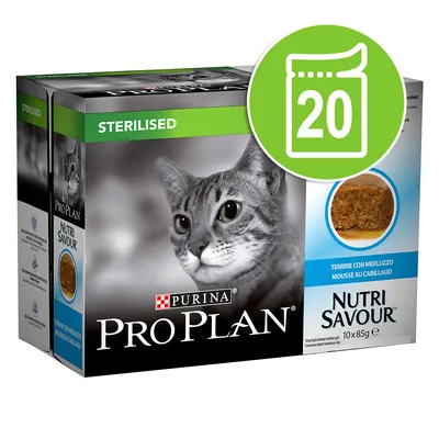 PURINA PRO PLAN Nutri Savour Sterilised, Terrine con Merluzzo Mousse au Cabillaud, 10x85g. Großes grünes Symbol mit Zahl 20 auf Verpackung sichtbar.